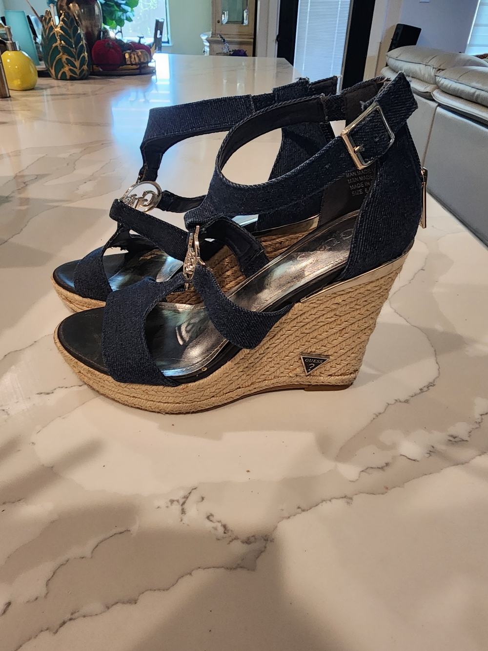 GUESS Janessa Core Blue Denim Espadrille Wedge Sandals - Size 6.5